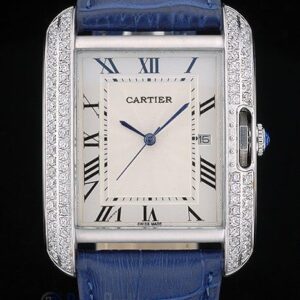 Cartier replica tank americaine acciaio brillantini bezel strip leather blu orologio imitazione perfetta