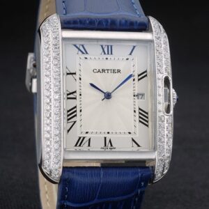Cartier replica tank americaine acciaio brillantini bezel strip leather blu orologio imitazione perfetta