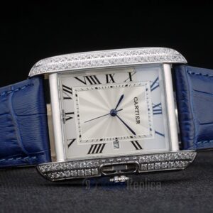Cartier replica tank americaine acciaio brillantini bezel strip leather blu orologio imitazione perfetta