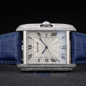 Cartier replica tank americaine acciaio brillantini bezel strip leather blu orologio imitazione perfetta