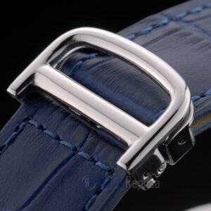Cartier replica tank americaine acciaio brillantini bezel strip leather blu orologio imitazione perfetta