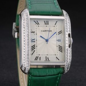 Cartier replica tank americaine acciaio brillantini bezel strip leather green orologio imitazione perfetta
