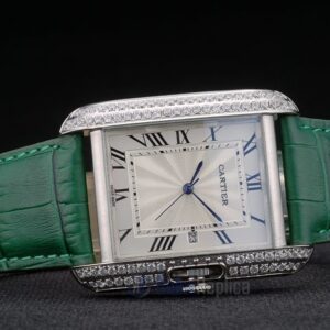Cartier replica tank americaine acciaio brillantini bezel strip leather green orologio imitazione perfetta