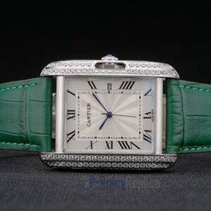 Cartier replica tank americaine acciaio brillantini bezel strip leather green orologio imitazione perfetta